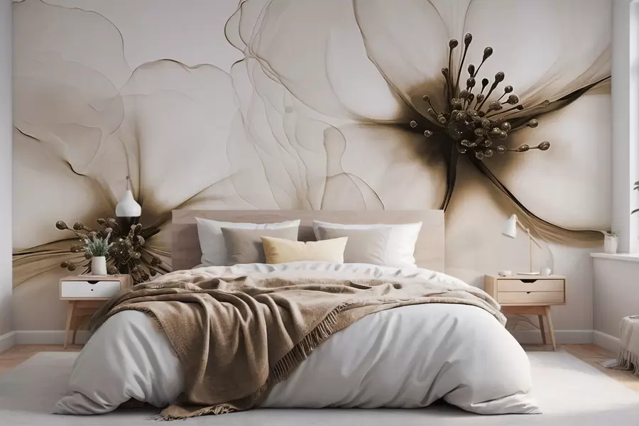 murais de parede Duas flores marrons translúcidas texturizadas com estames visíveis, pétalas delicadas sobrepostas e uma textura suave e fluida w09295