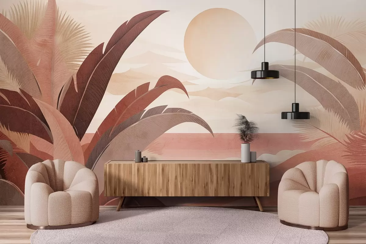 murais de parede Paisagem abstrata tropical texturizada com folhas de palmeira e um grande sol no céu, paleta de cores quentes, estilo minimalista, estilizado w09296
