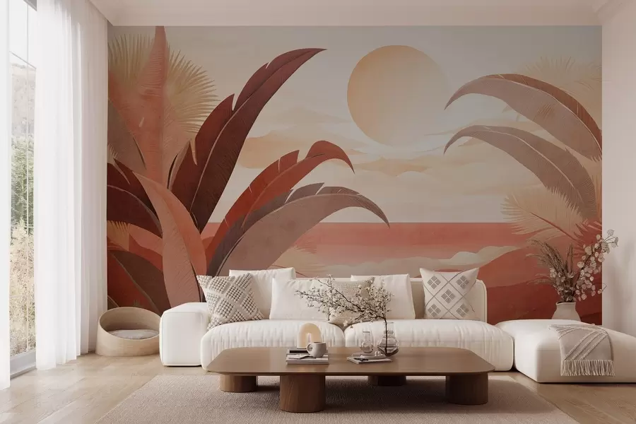 murais de parede Paisagem abstrata tropical texturizada com folhas de palmeira e um grande sol no céu, paleta de cores quentes, estilo minimalista, estilizado w09296