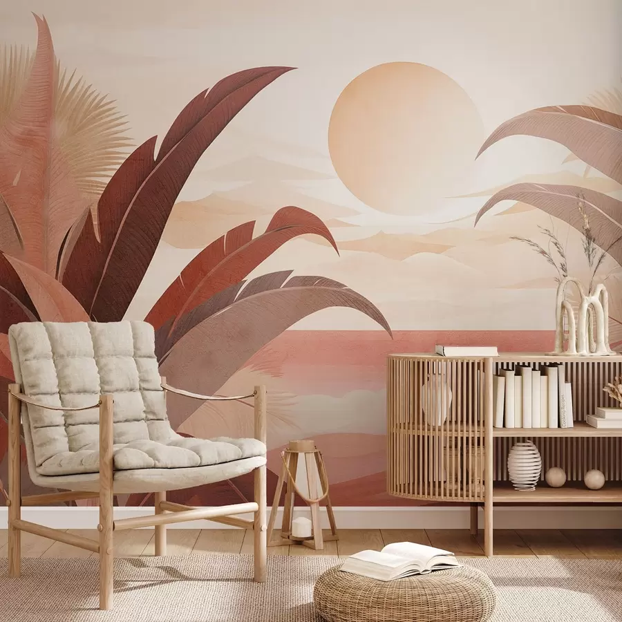 murais de parede Paisagem abstrata tropical texturizada com folhas de palmeira e um grande sol no céu, paleta de cores quentes, estilo minimalista, estilizado w09296