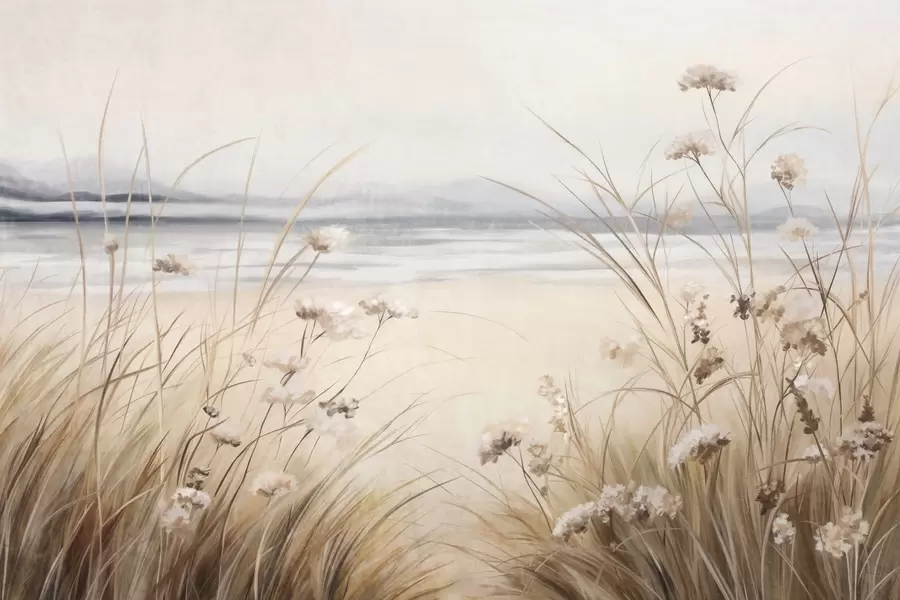 murais de parede Um campo de trigo com flores brancas em primeiro plano, uma praia e o oceano ao fundo, cores pastéis neutras e suaves w09298