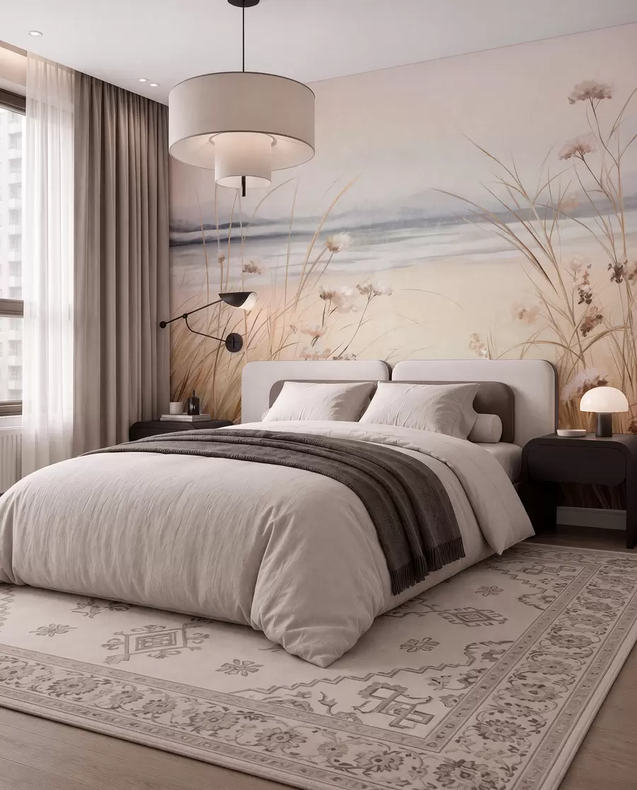 murais de parede Um campo de trigo com flores brancas em primeiro plano, uma praia e o oceano ao fundo, cores pastéis neutras e suaves w09298