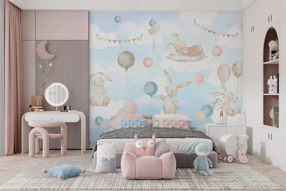 murais de parede Coelhos com balões em nuvens w04337