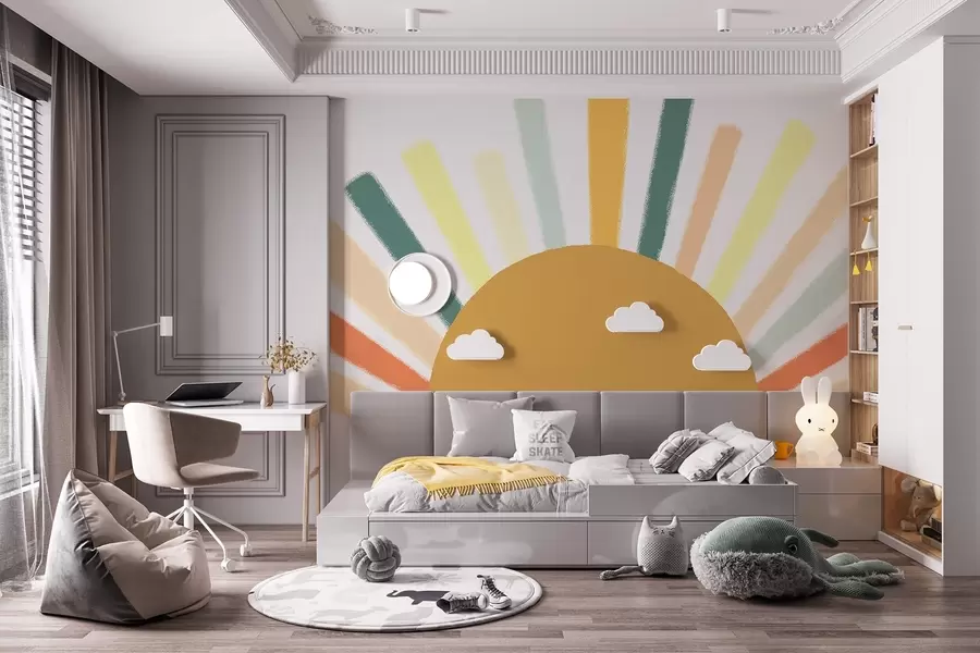 murais de parede Sol abstrato com raios coloridos w04352