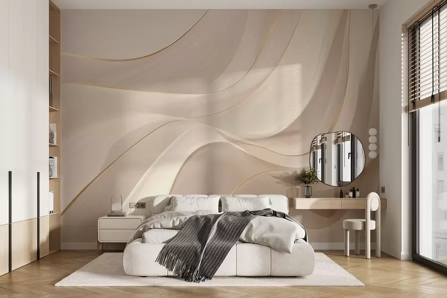 murais de parede Ondas fluidas com detalhes amarelos em luz cremosa w09303