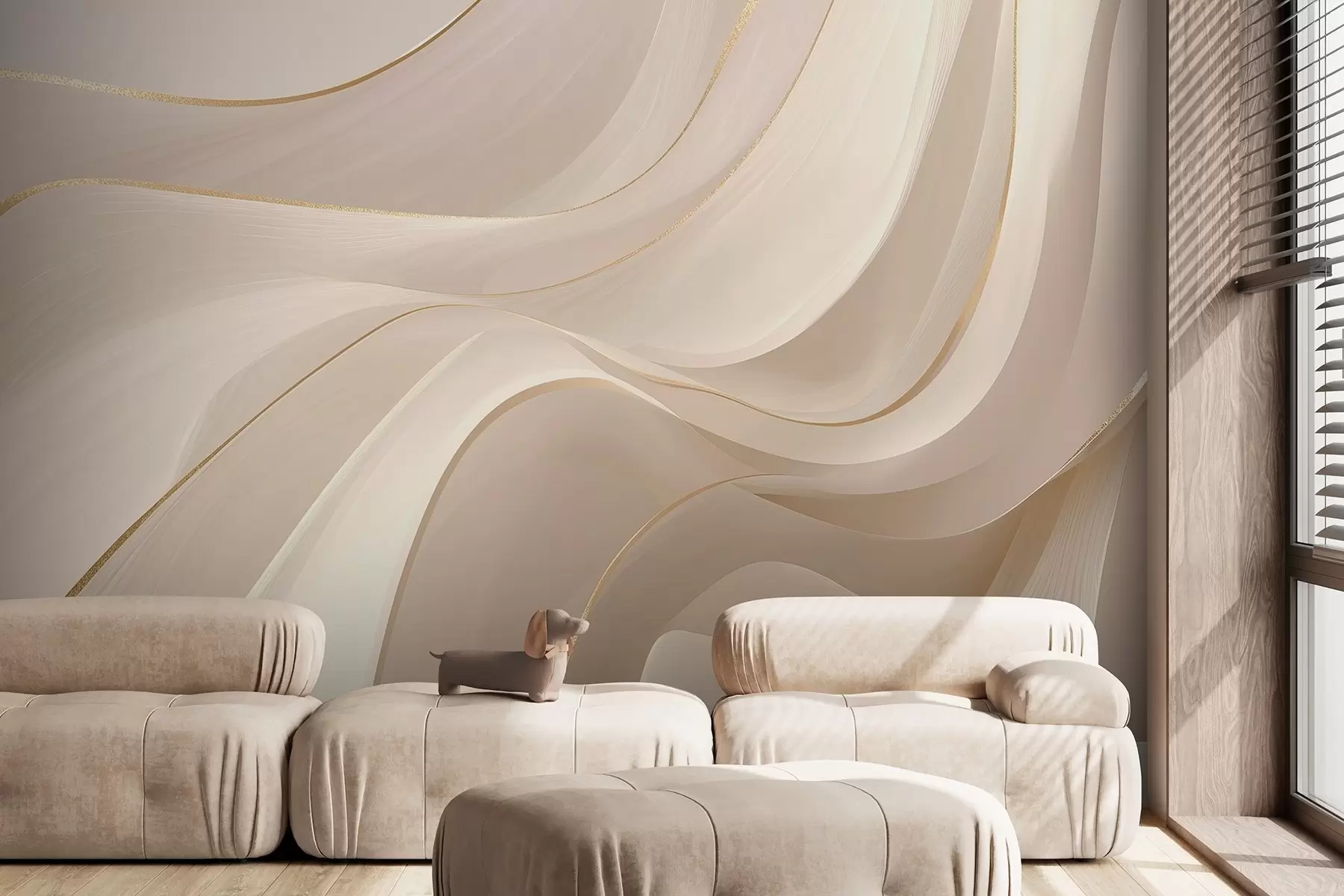 murais de parede Ondas fluidas com detalhes amarelos em luz cremosa w09303