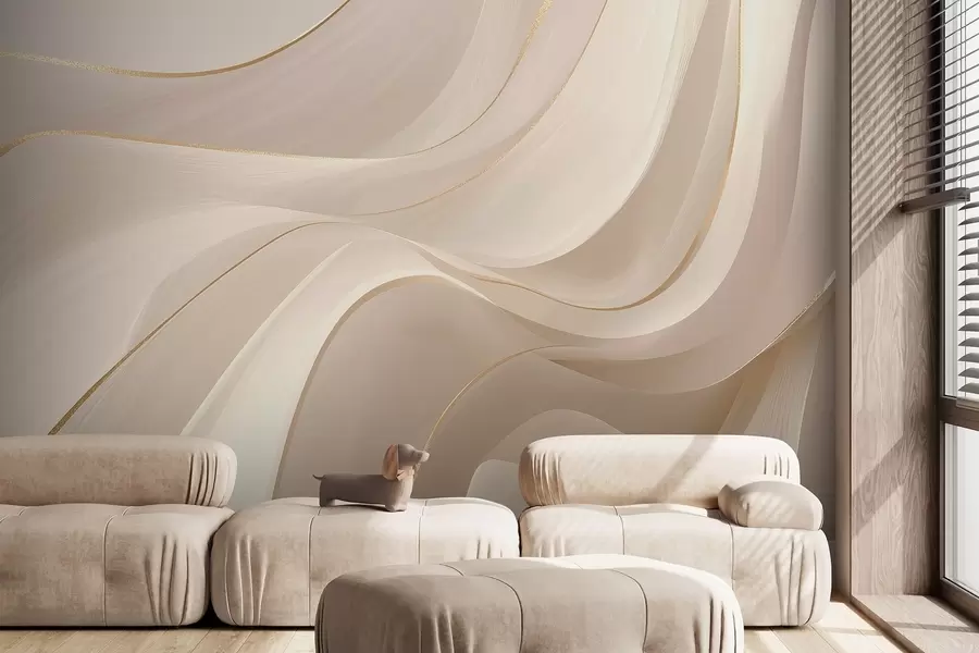 murais de parede Ondas fluidas com detalhes amarelos em luz cremosa w09303
