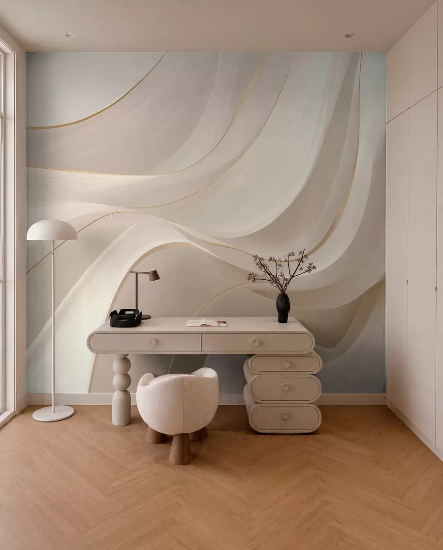 murais de parede Ondas fluidas com detalhes amarelos em luz cremosa w09303