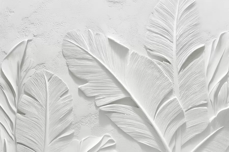 murais de parede Folhas cinzas texturizadas em um fundo com relevo de gesso falso w09307