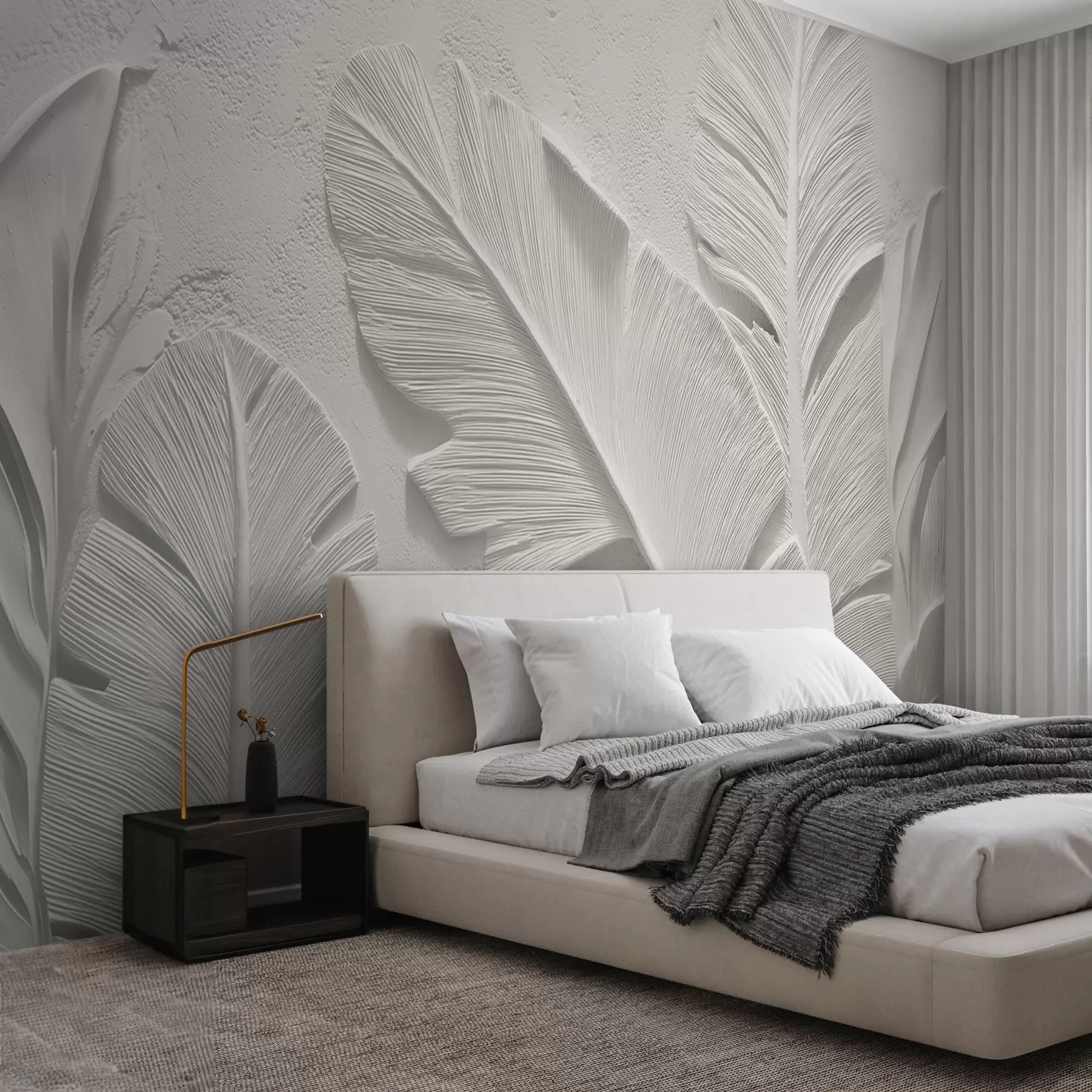 murais de parede Folhas cinzas texturizadas em um fundo com relevo de gesso falso w09307