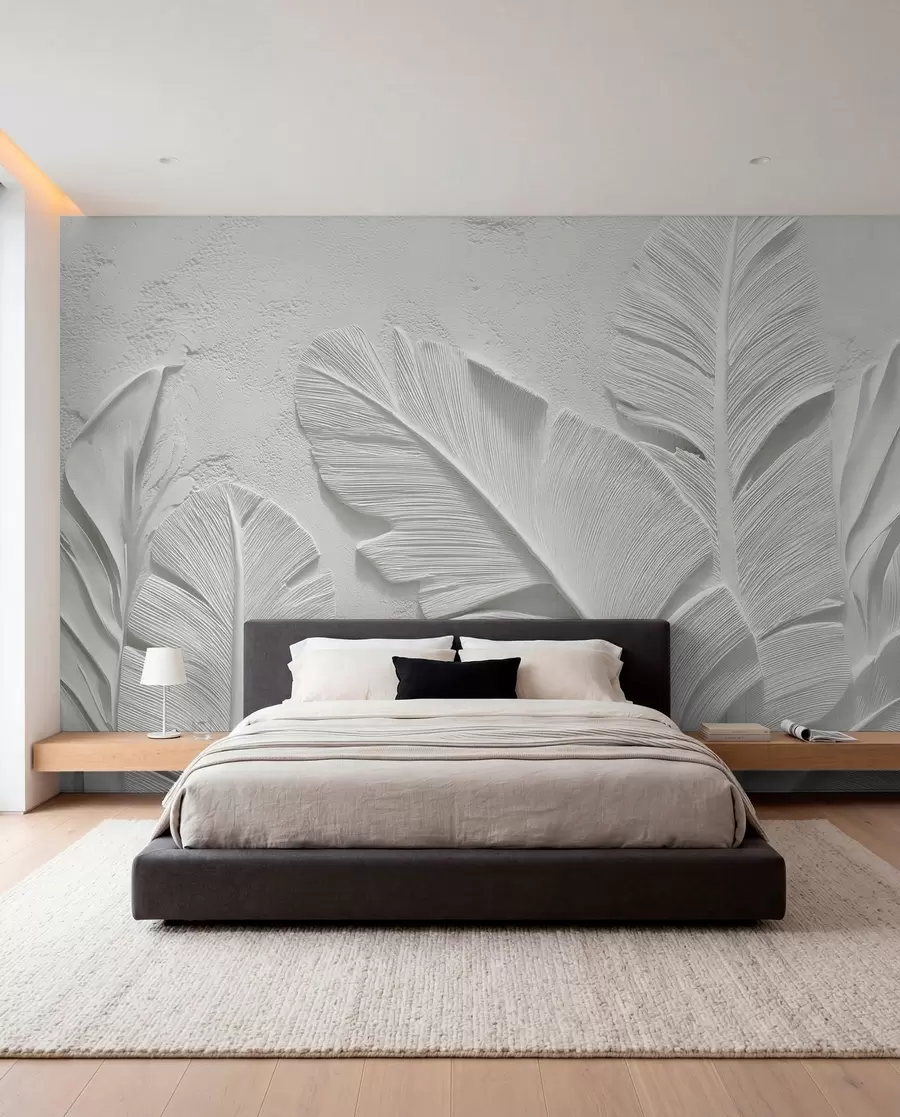 murais de parede Folhas cinzas texturizadas em um fundo com relevo de gesso falso w09307