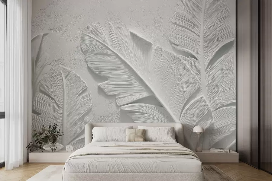 murais de parede Folhas cinzas texturizadas em um fundo com relevo de gesso falso w09307