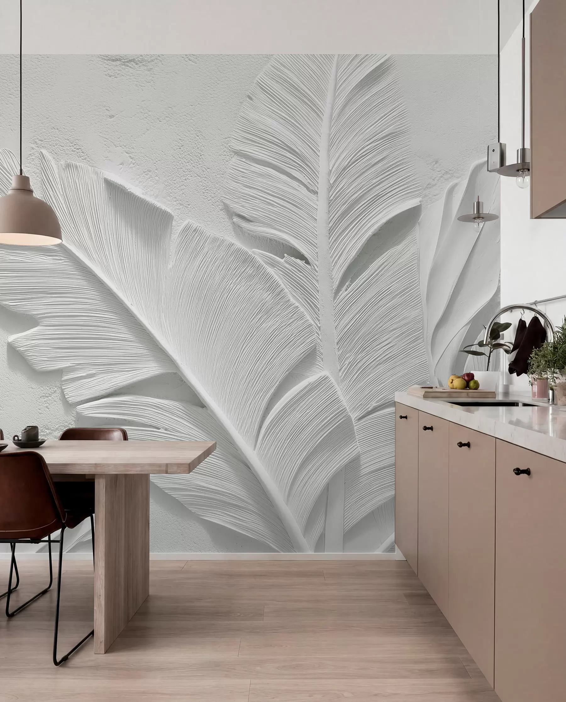 murais de parede Folhas cinzas texturizadas em um fundo com relevo de gesso falso w09307