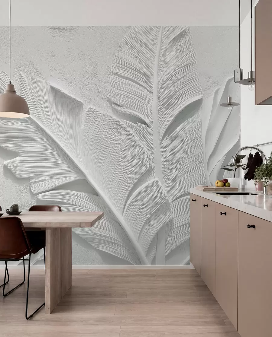 murais de parede Folhas cinzas texturizadas em um fundo com relevo de gesso falso w09307