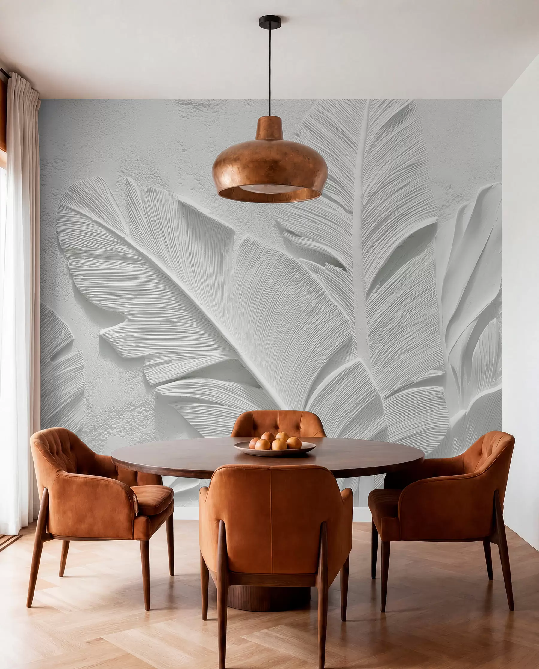 murais de parede Folhas cinzas texturizadas em um fundo com relevo de gesso falso w09307
