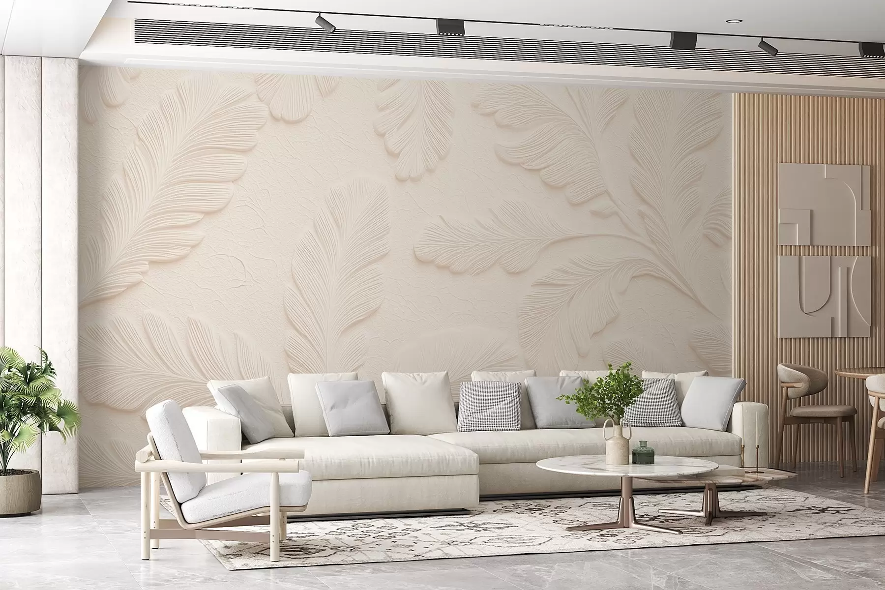 murais de parede Folhas em relevo em um fundo claro com um efeito de rachadura w09309