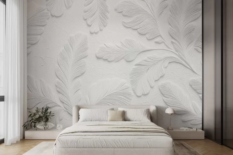 murais de parede Folhas em relevo na cor cinza com um efeito de textura rachada w09309v1