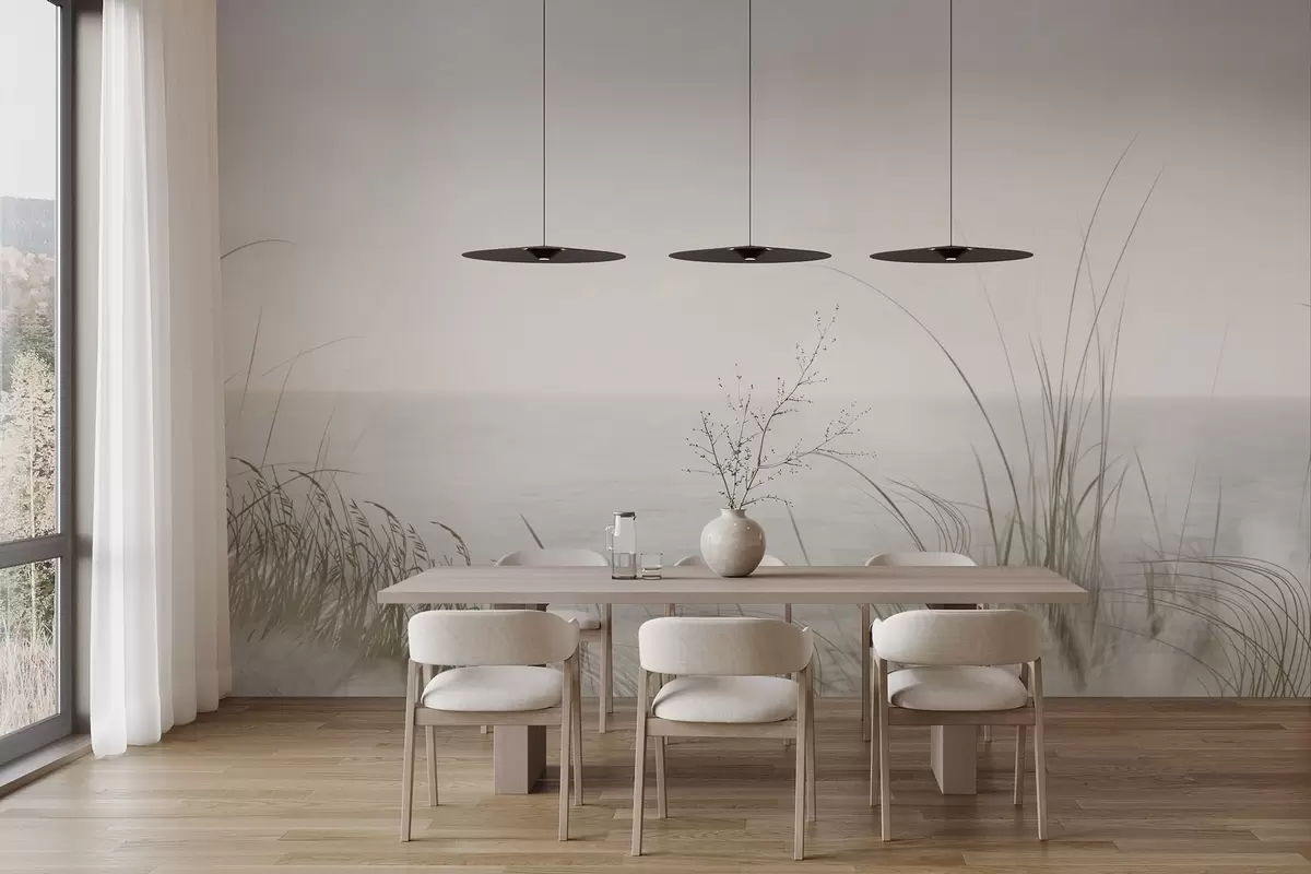 murais de parede Costa enevoada com gramíneas delicadas em primeiro plano w04339