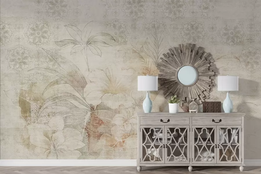 murais de parede Flores e folhas em um fundo texturizado com ornamentos w04343