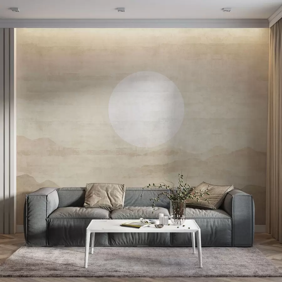 murais de parede Paisagem de montanha minimalista com um grande sol branco w04345