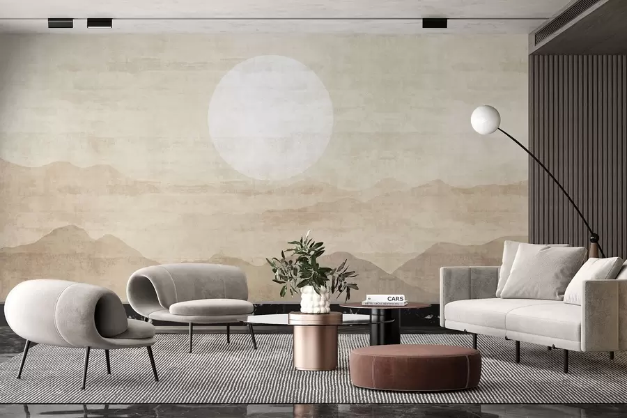 murais de parede Paisagem de montanha minimalista com um grande sol branco w04345