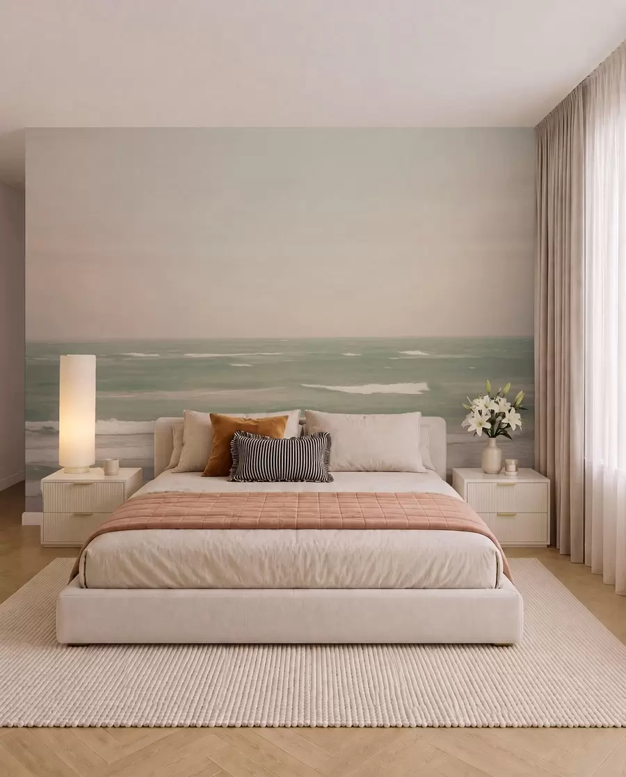 murais de parede Paisagem marinha verde-rosa suave com ondas suaves w04348