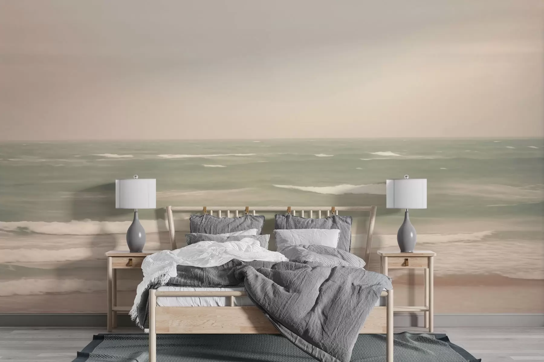 murais de parede Paisagem marinha verde-rosa suave com ondas suaves w04348