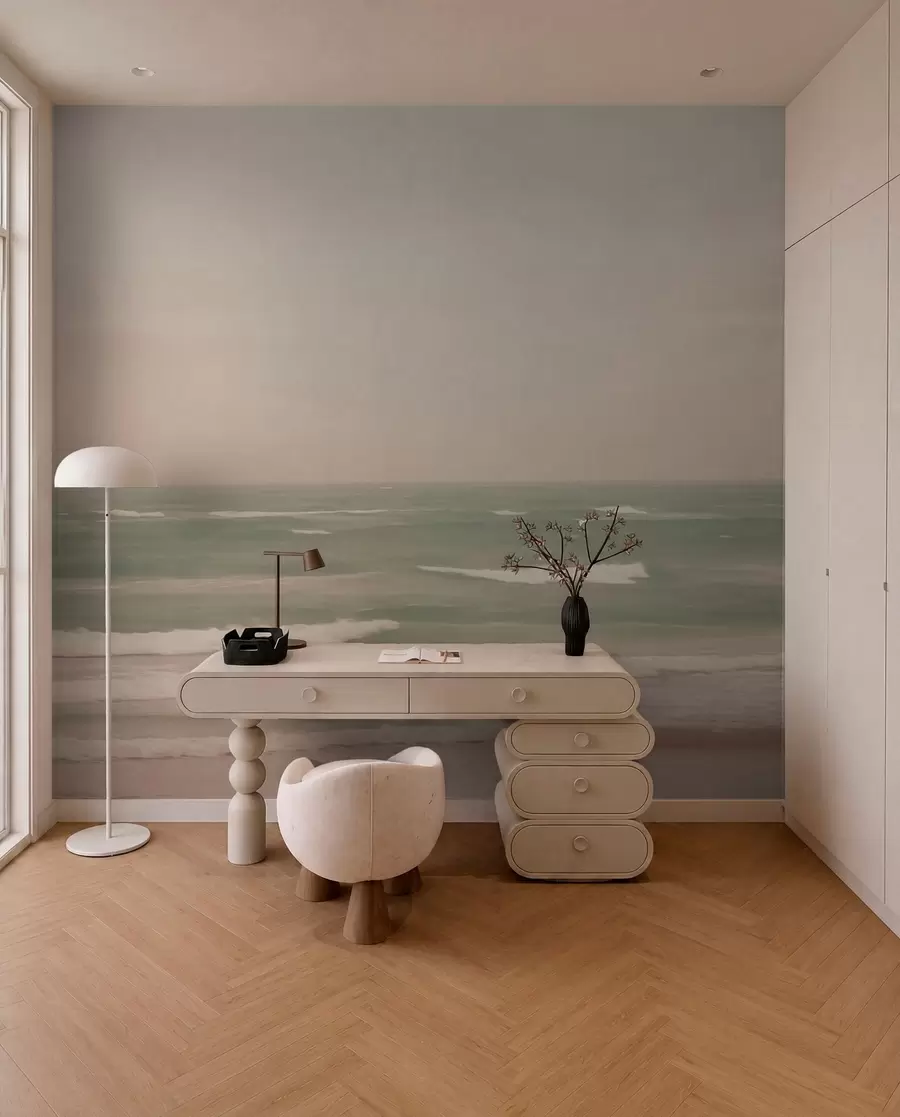 murais de parede Paisagem marinha verde-rosa suave com ondas suaves w04348