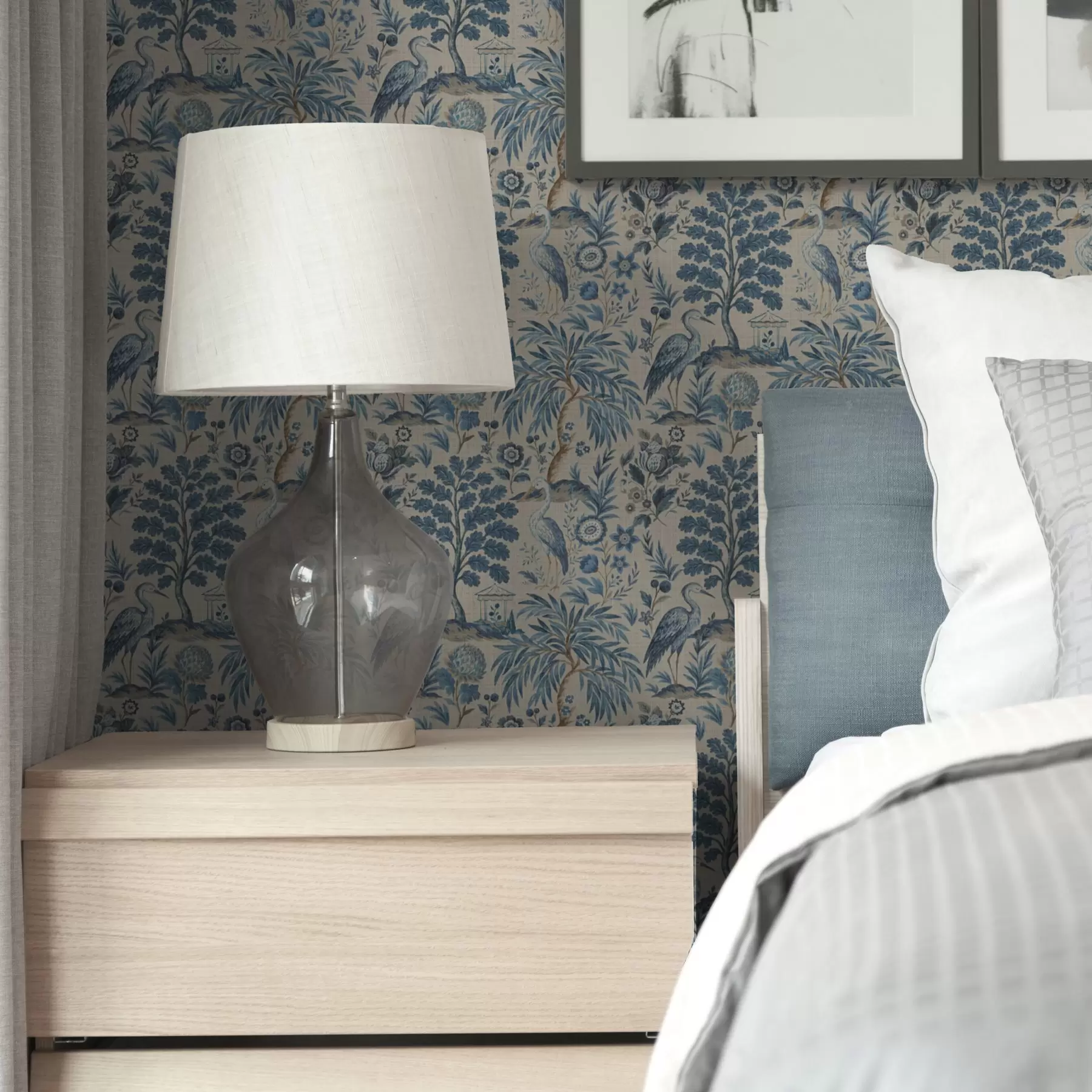 murais de parede Estilo Toile de Jouy com pássaros azuis e árvores tropicais a00382