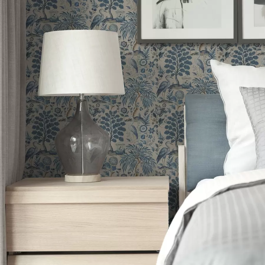 murais de parede Estilo Toile de Jouy com pássaros azuis e árvores tropicais a00382