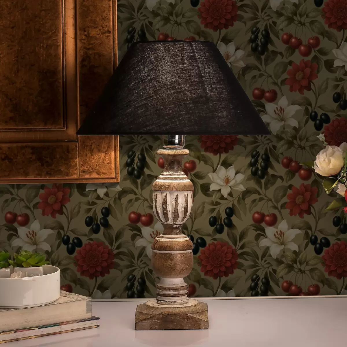 Papel de parede Cerejas, flores e azeitonas pretas a00384