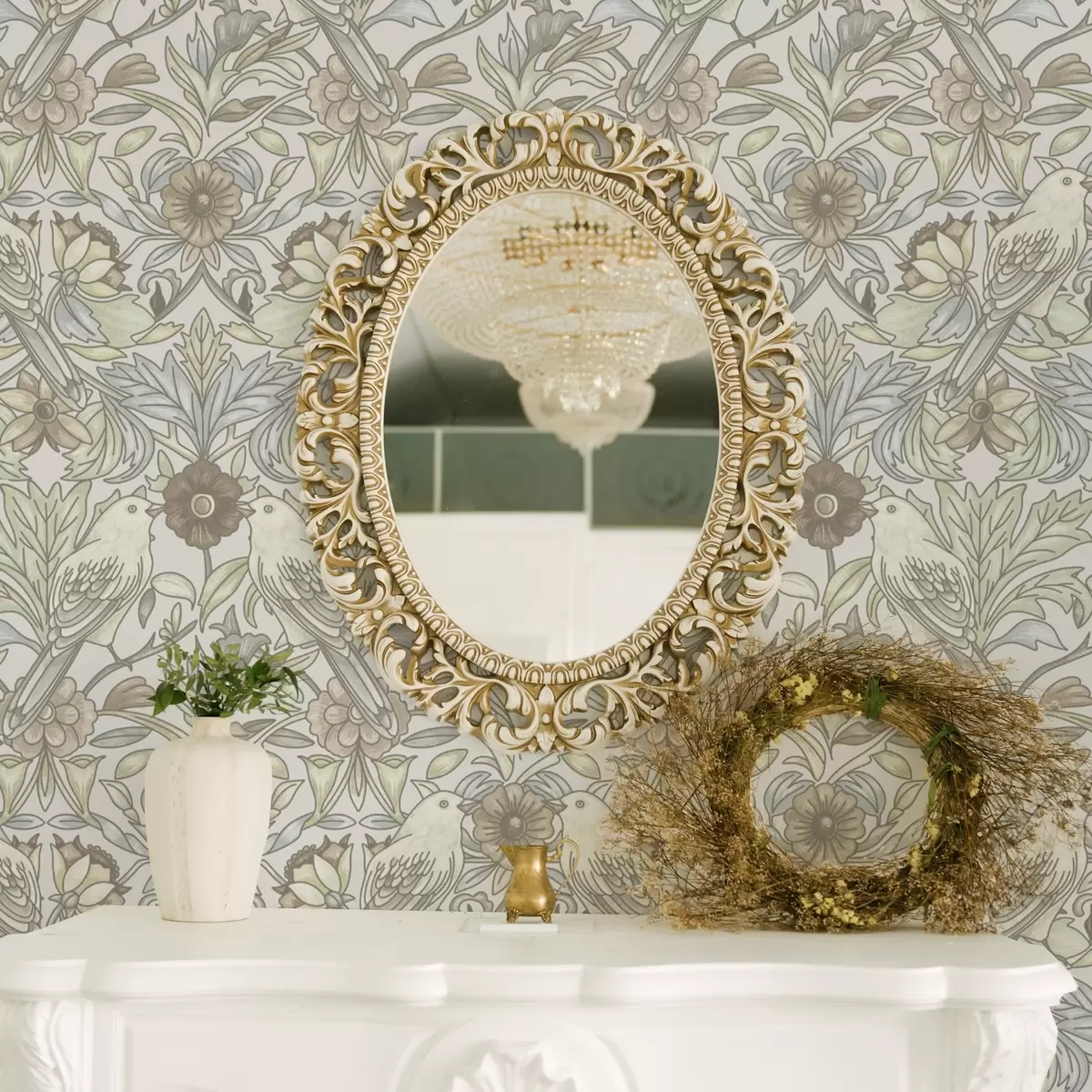 Papel de parede Pássaros Art Nouveau e flores estilizadas em tons pastéis a00385