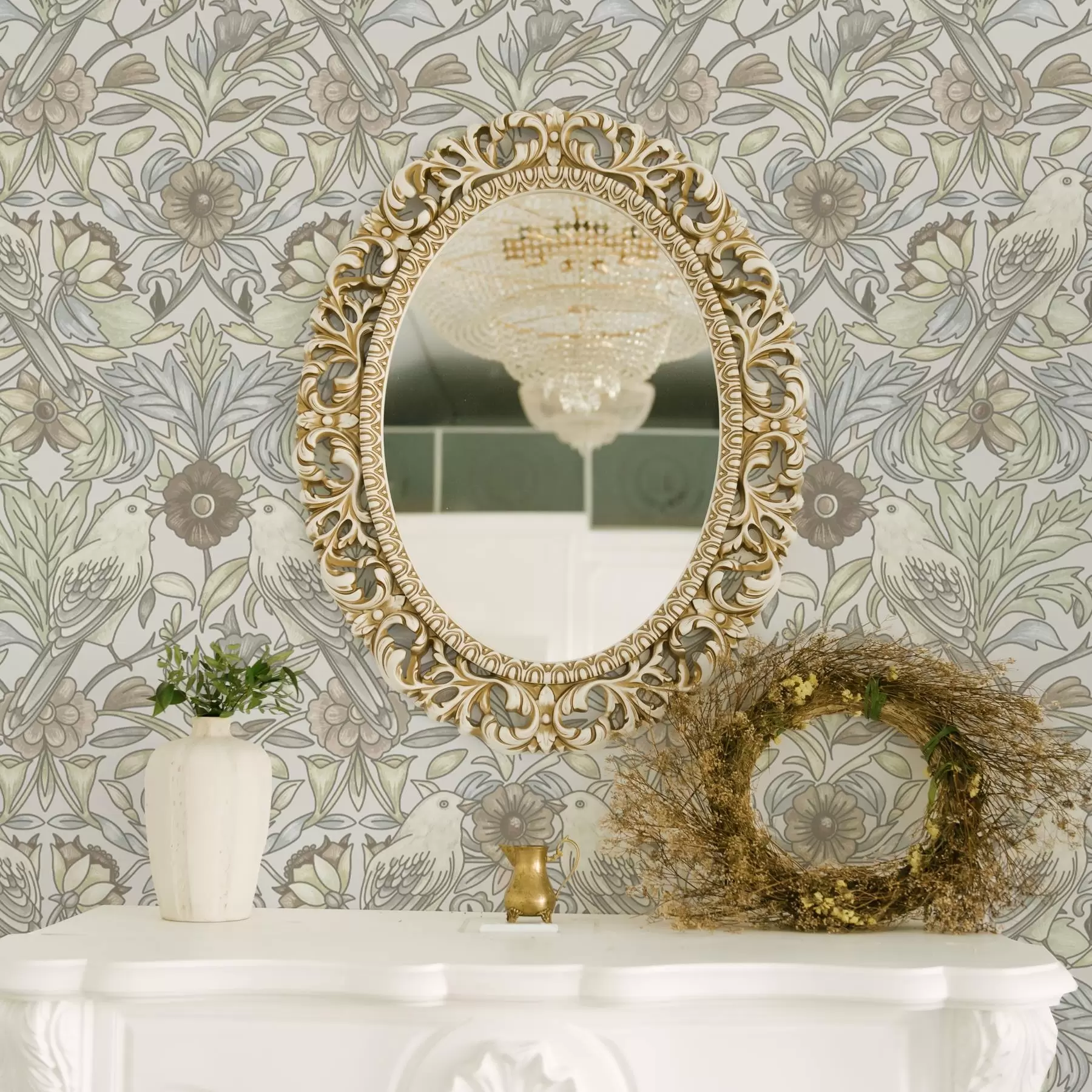 murais de parede Pássaros Art Nouveau e flores estilizadas em tons pastéis a00385