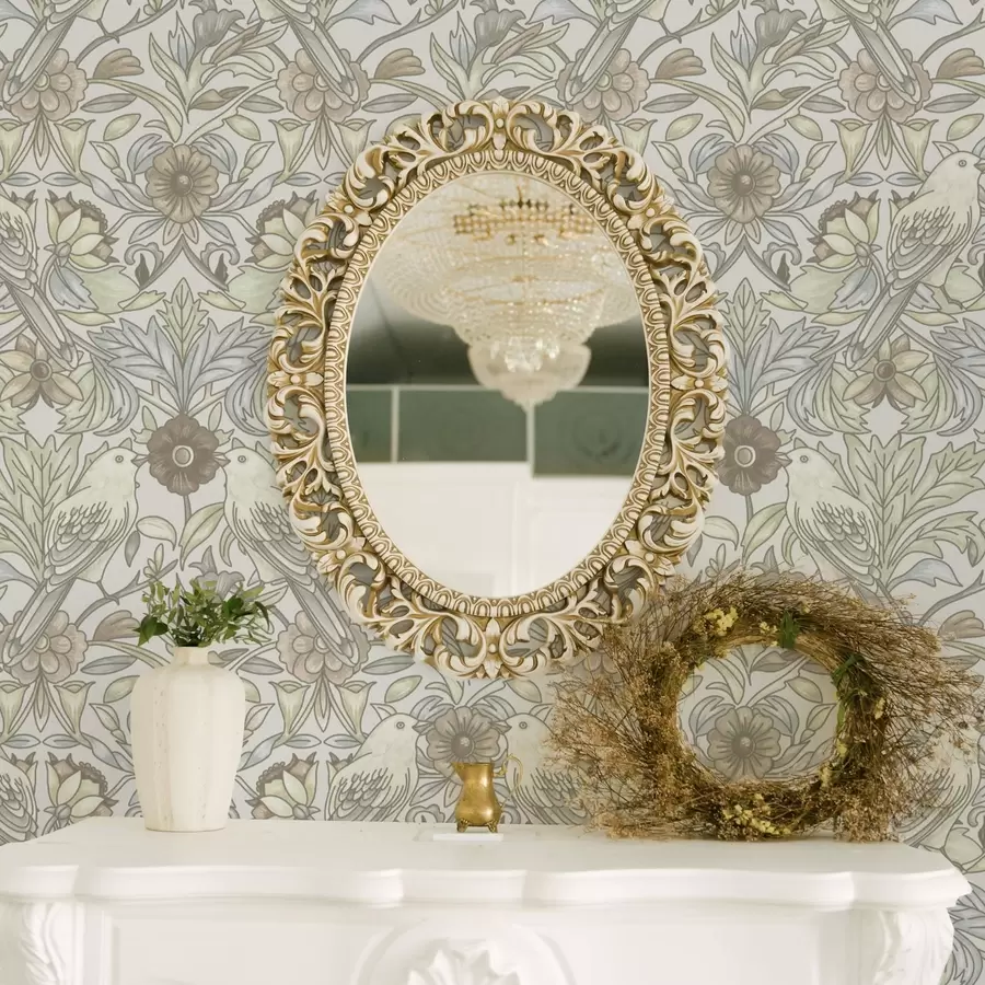 murais de parede Pássaros Art Nouveau e flores estilizadas em tons pastéis a00385