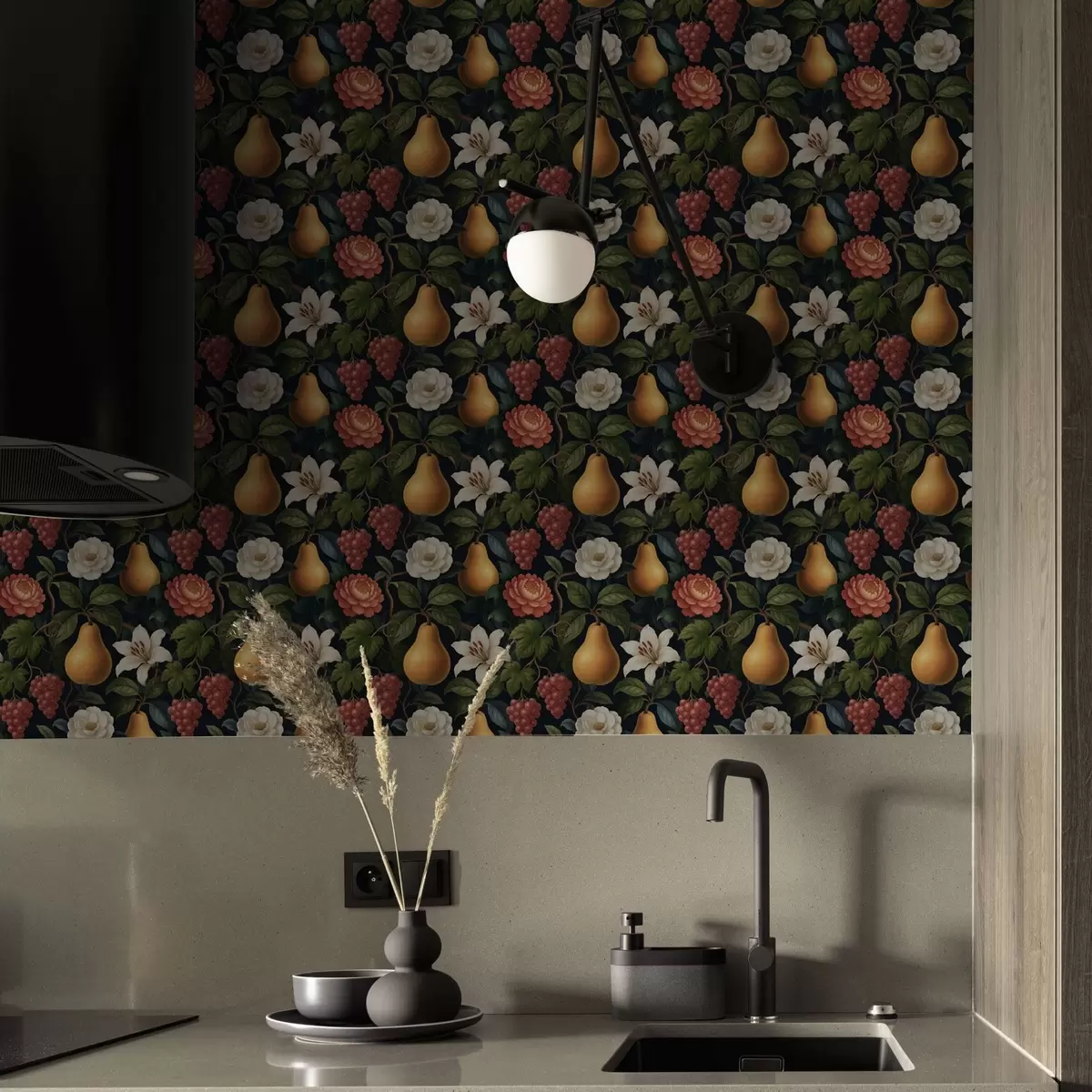 Papel de parede Frutas e flores barrocas em um fundo escuro dramático a00387