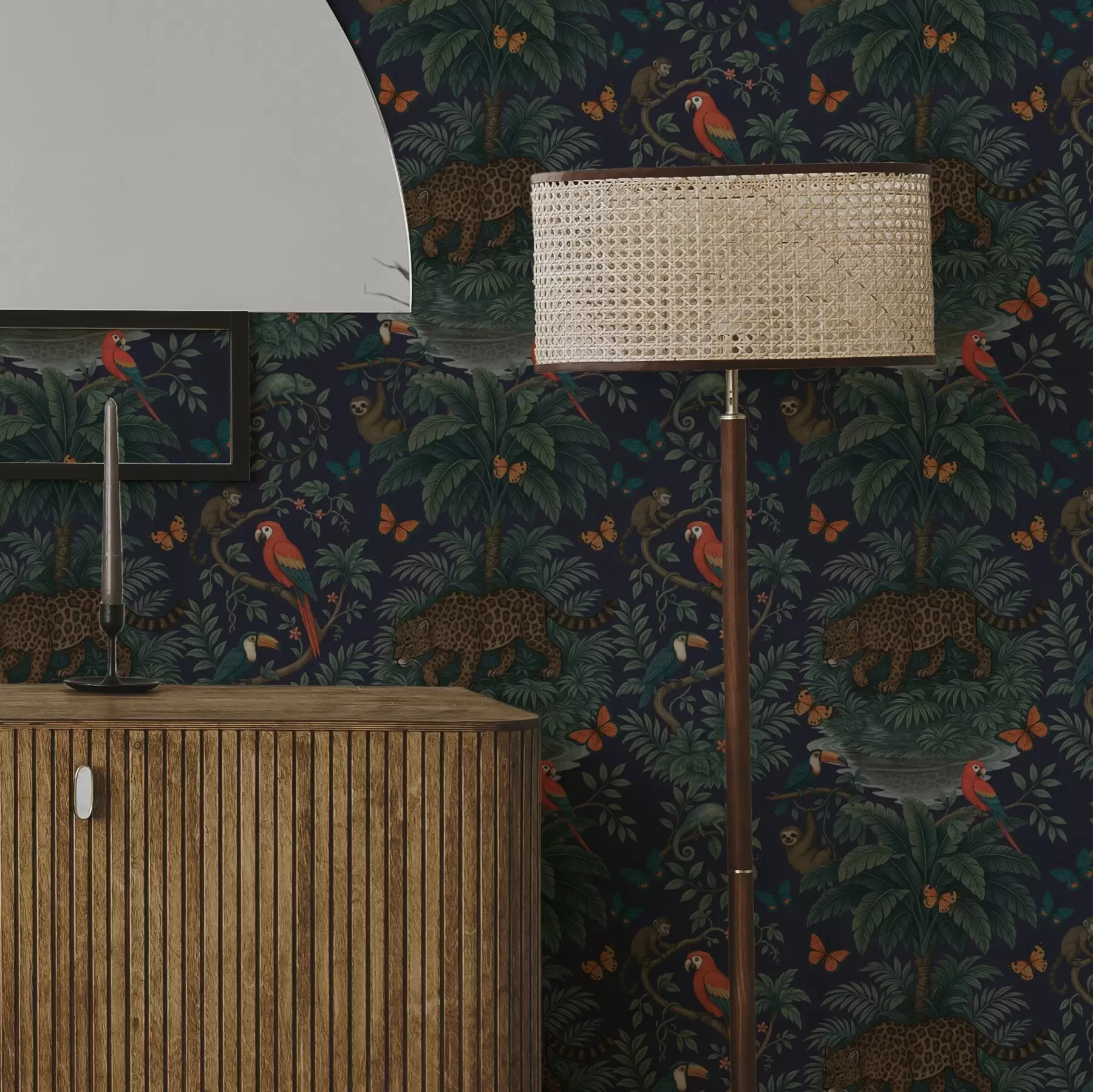 murais de parede Selva tropical com leopardo, leopardo, papagaios e borboletas a00388