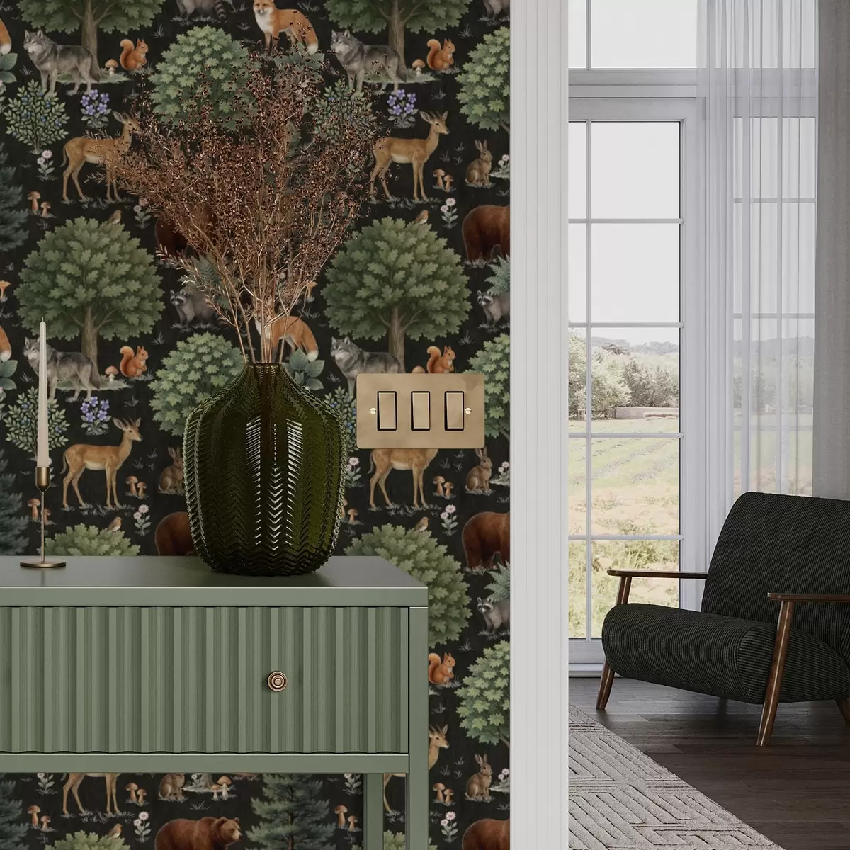 Papel de parede Animais da floresta em aquarela com árvores e cogumelos a00391