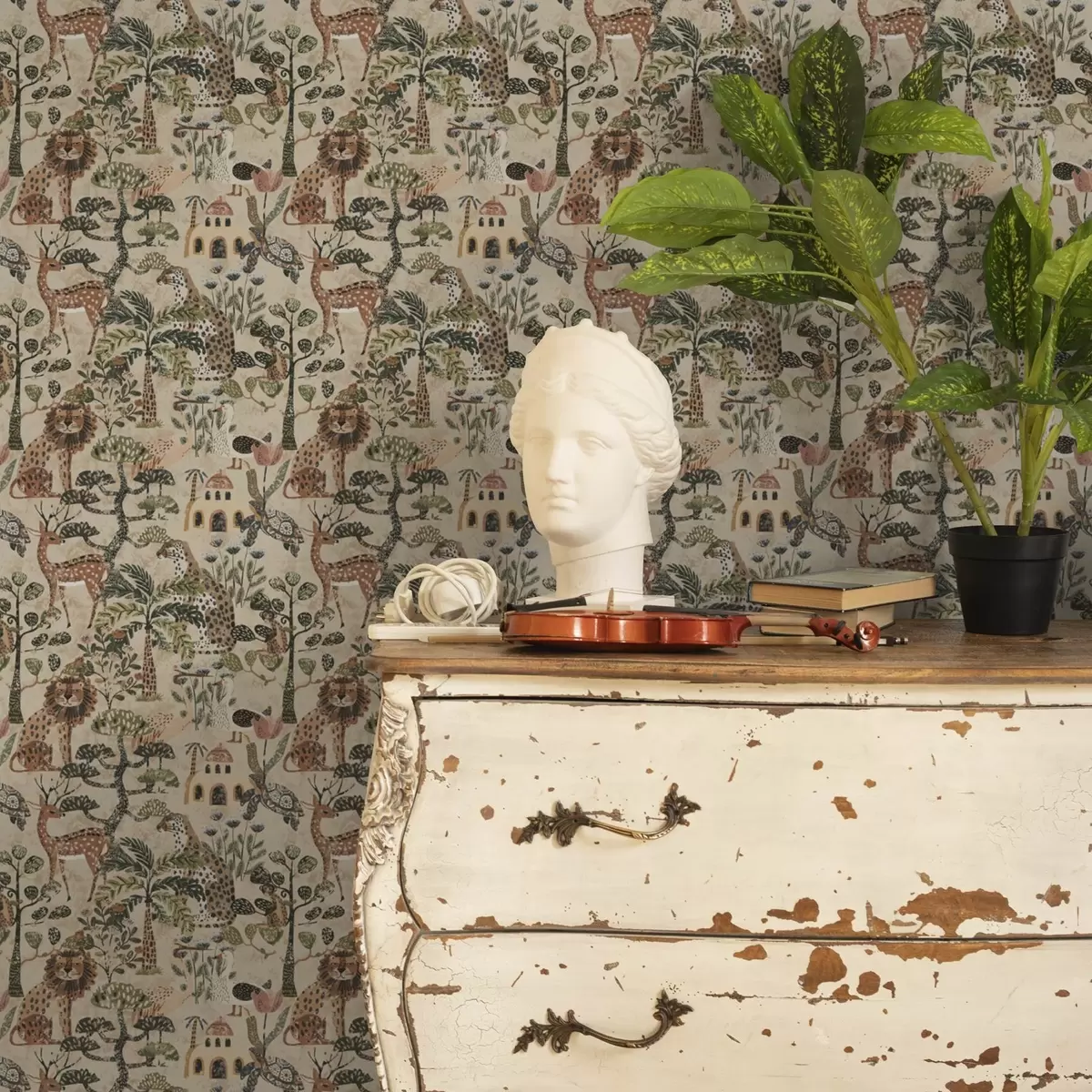 Papel de parede Animais de safári e folhas de savana em tons quentes de terra a00392