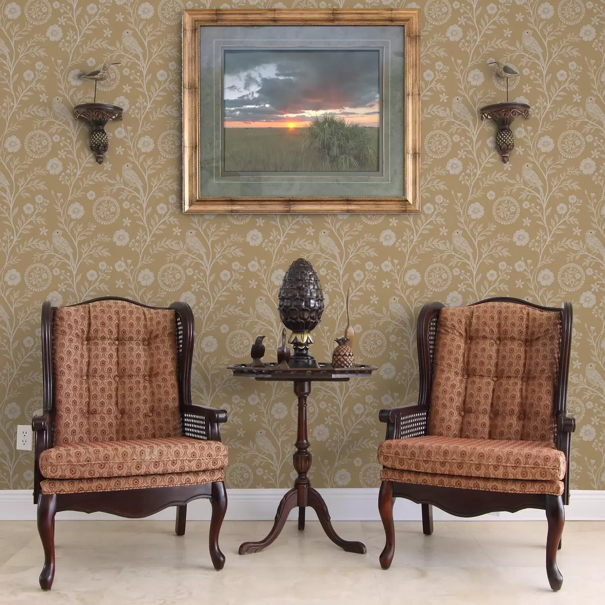 Papel de parede Esboço delicado de um pássaro branco e uma flor pássaro branco e uma flor em um fundo ocre a00393