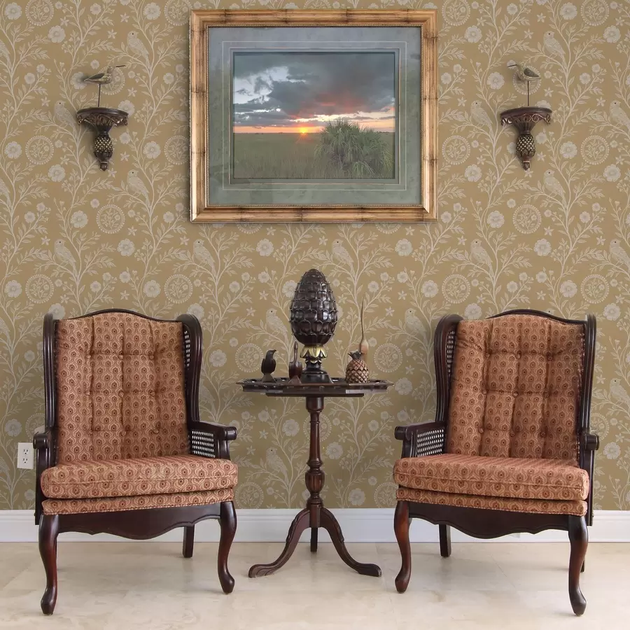 murais de parede Esboço delicado de um pássaro branco e uma flor pássaro branco e uma flor em um fundo ocre a00393