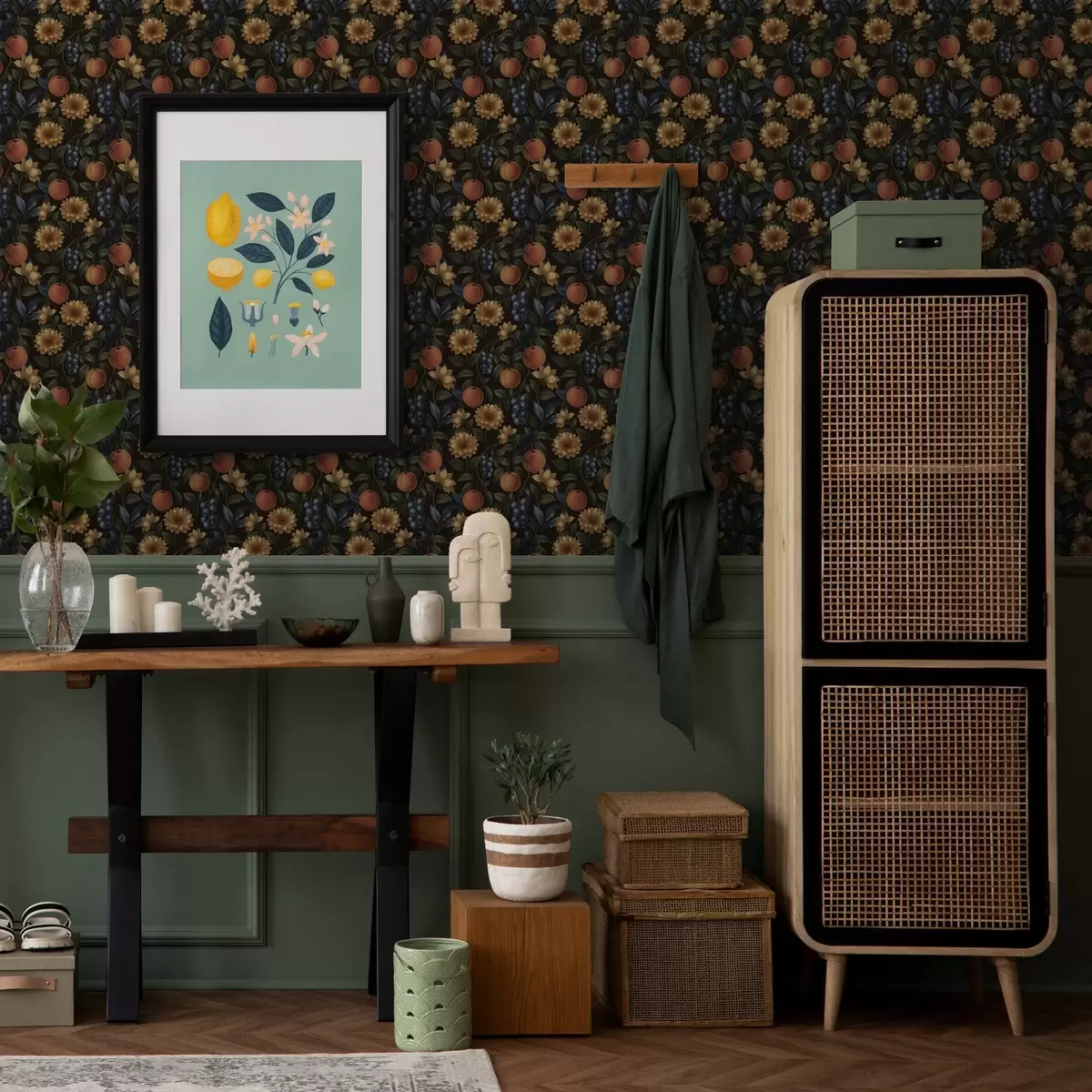 Papel de parede Frutas e flores amarelas sobre fundo botânico escuro a00395