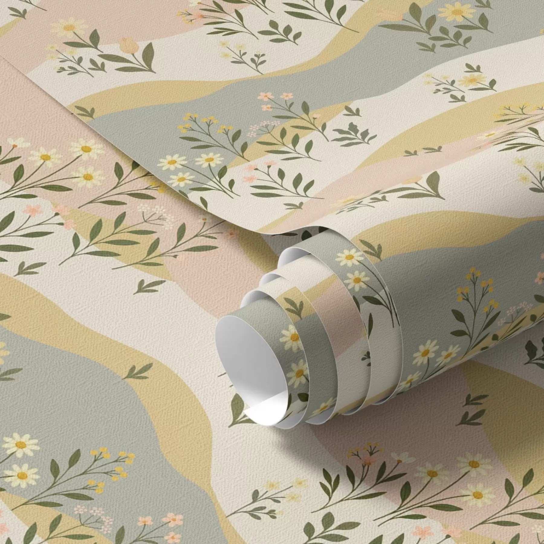murais de parede Flores de prado onduladas em estilo minimalista pastel a00396