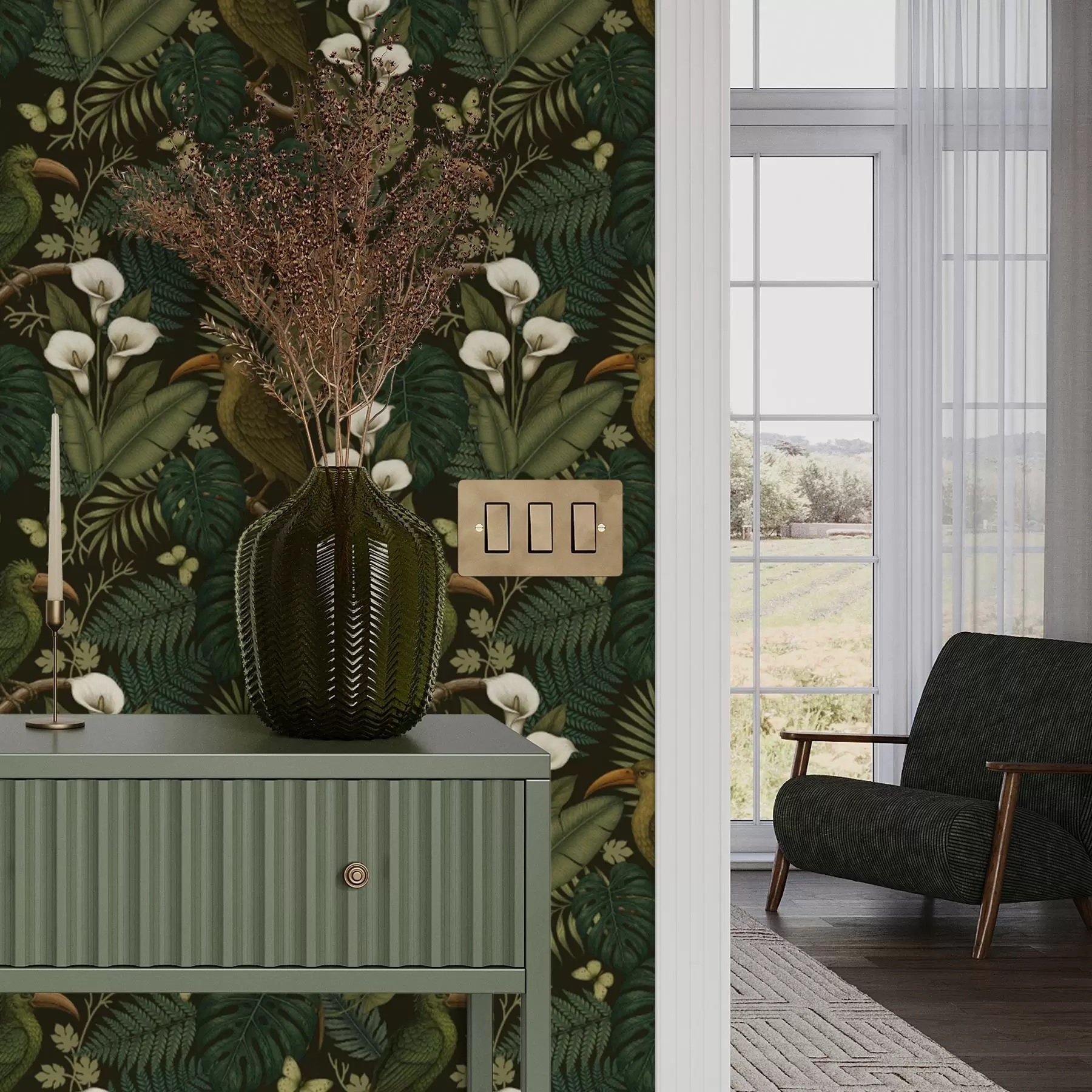 murais de parede Aves tropicais e vegetação exuberante em um fundo escuro de selva a00397