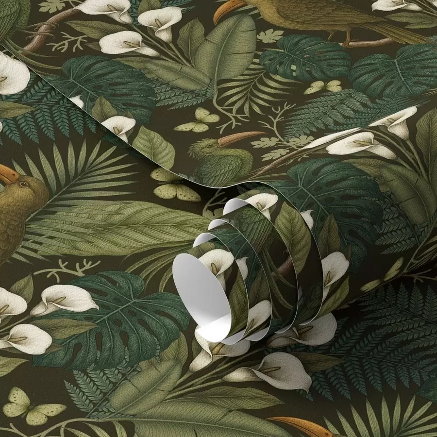 murais de parede Aves tropicais e vegetação exuberante em um fundo escuro de selva a00397