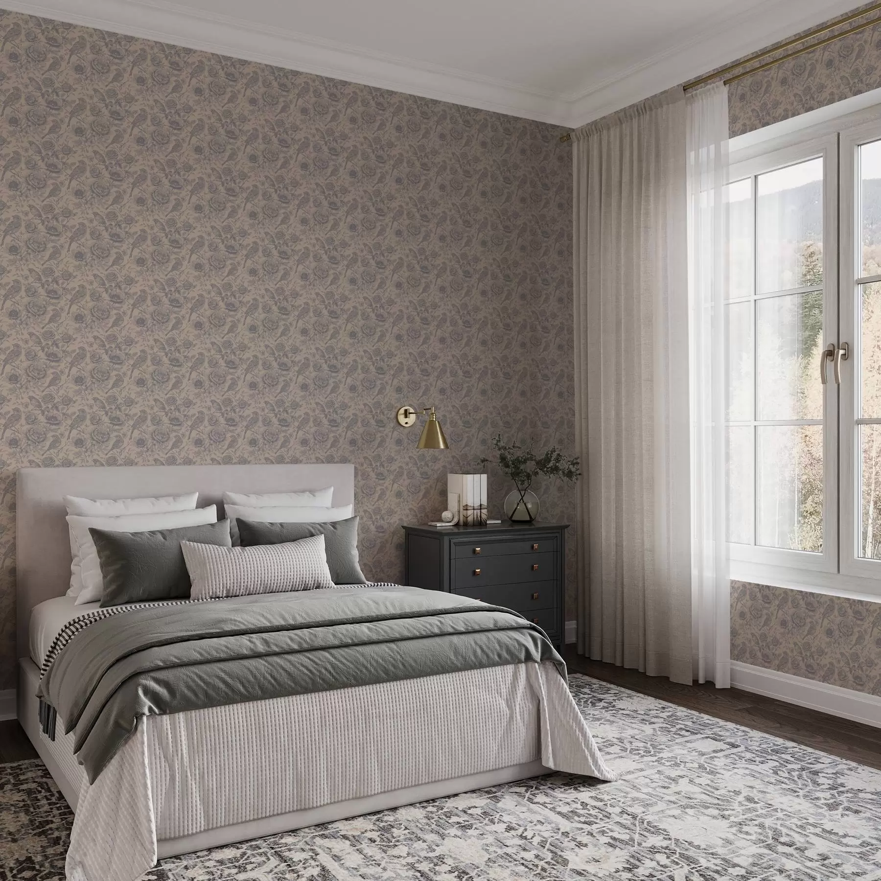 murais de parede Pássaros e flores vintage em um fundo bege suave a00423