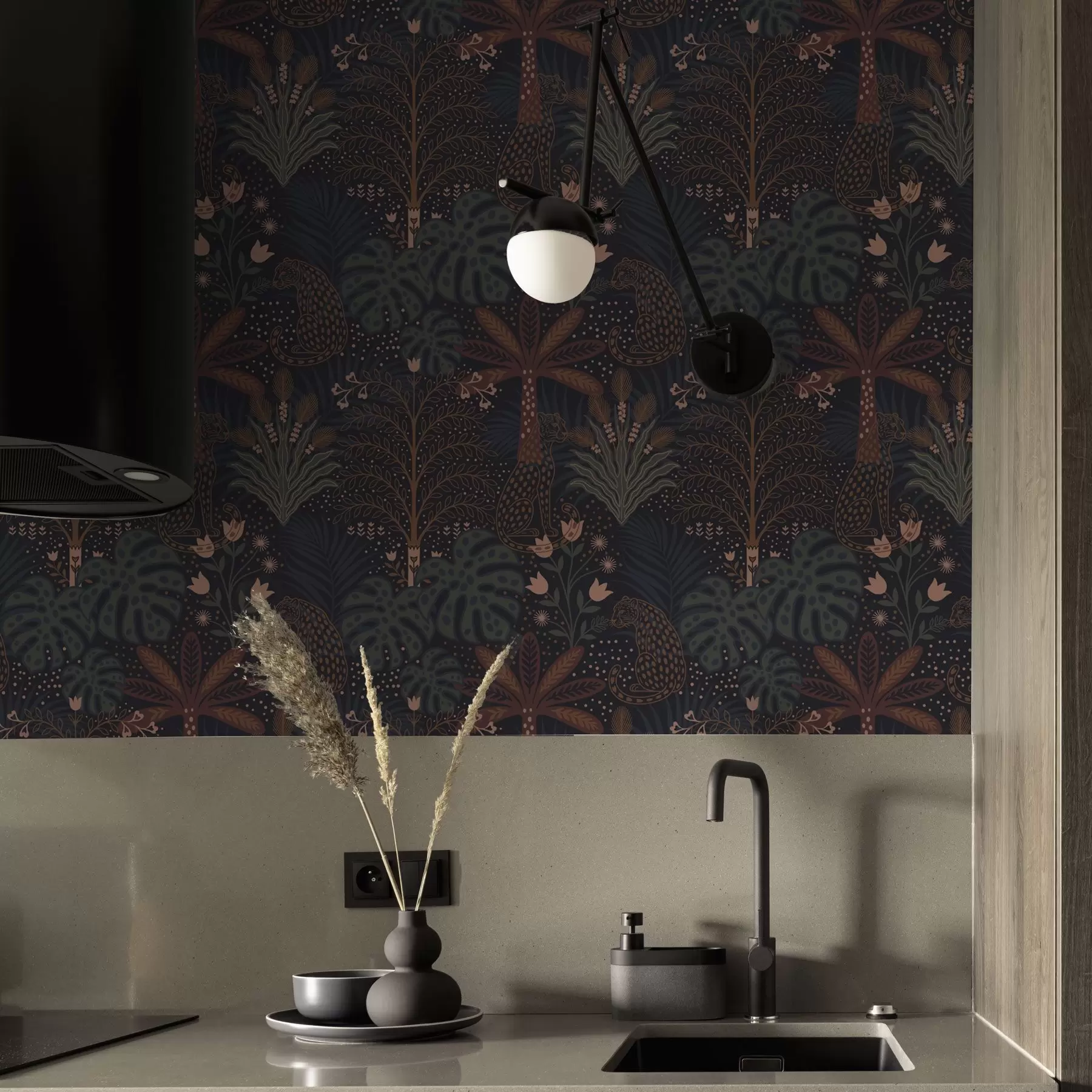 murais de parede Selva escura com leopardos, palmeiras e flores a00424