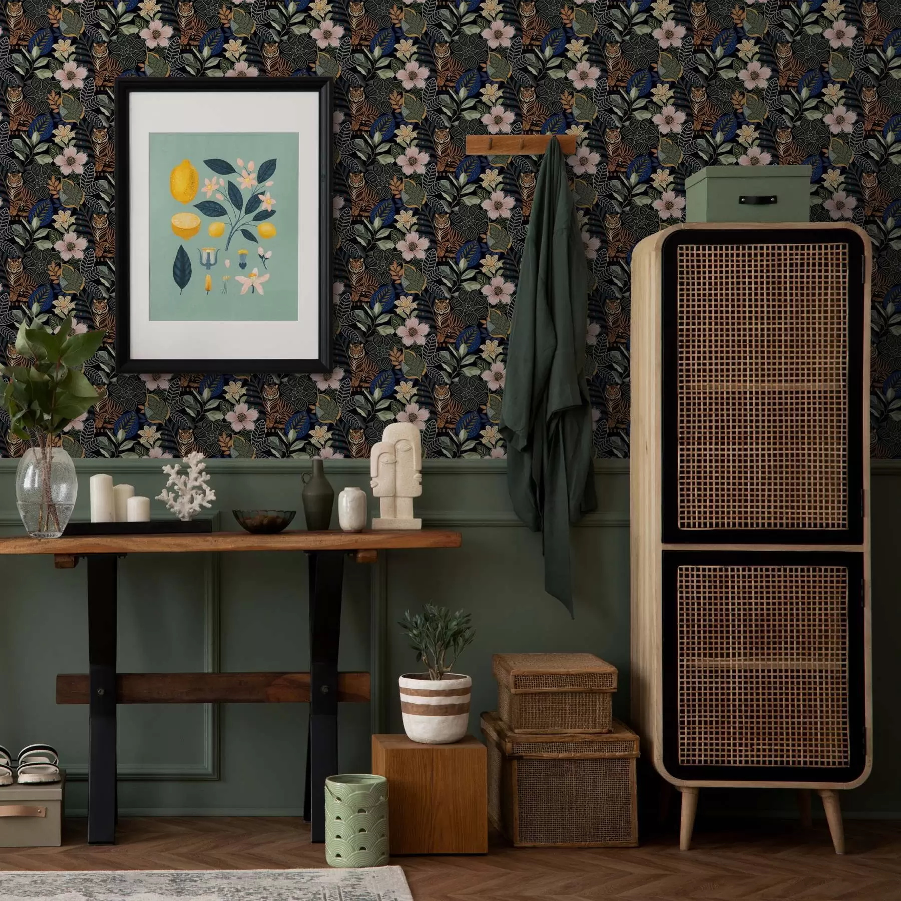 murais de parede Tigres entre flores e folhas tropicais brilhantes a00426