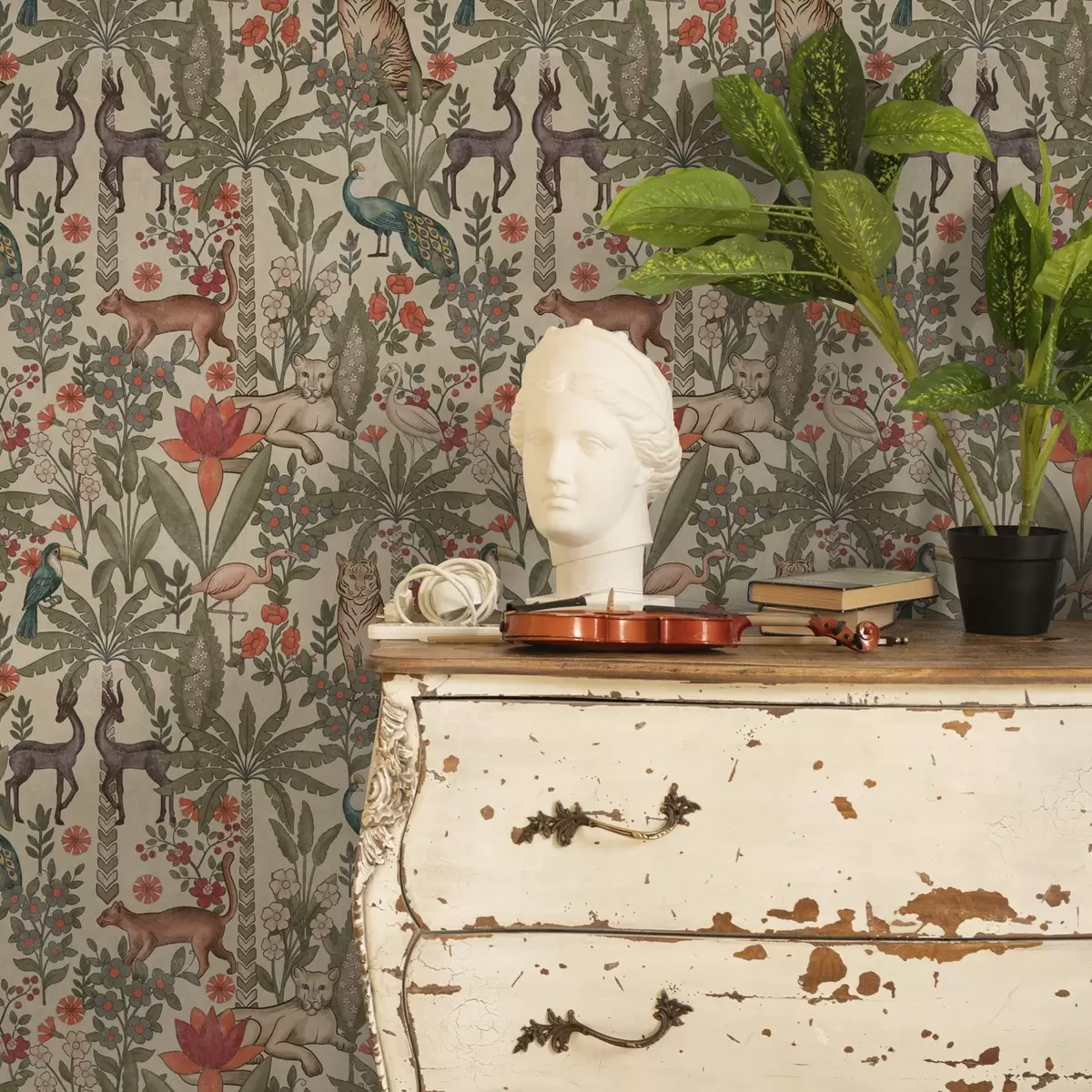 Papel de parede Estilo retrô: Animais e flores em um fundo vintage a00431