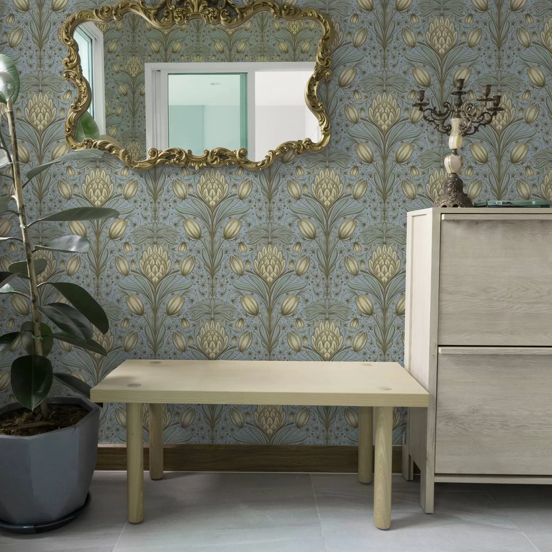 murais de parede Padrão azul com alcachofras e tulipas a00435