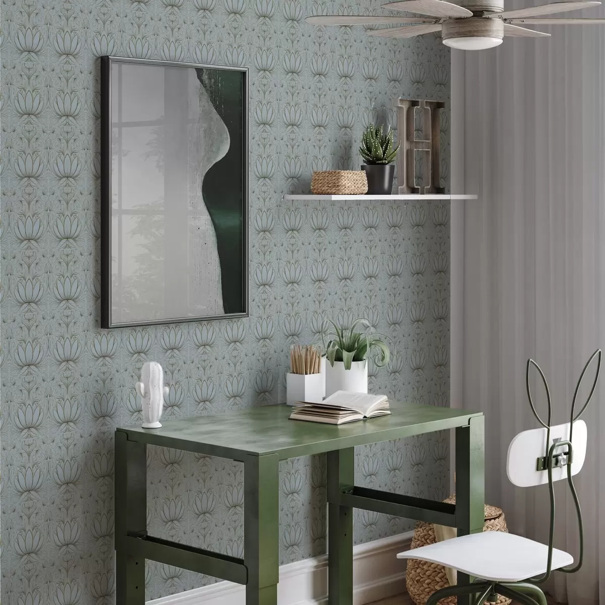 Papel de parede Ornamento de lótus em tons de turquesa e amarelo a00439